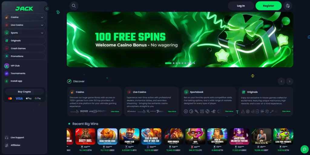 JACK non GamStop crypto casino homepage